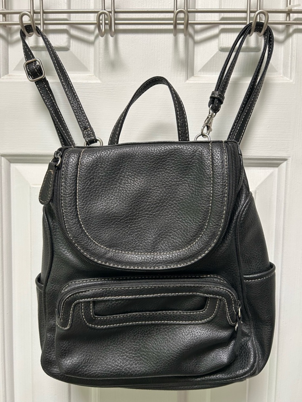 Women’s Black Faux-Leather Backpack w/Front Zip, side,back pockets. Perfect size